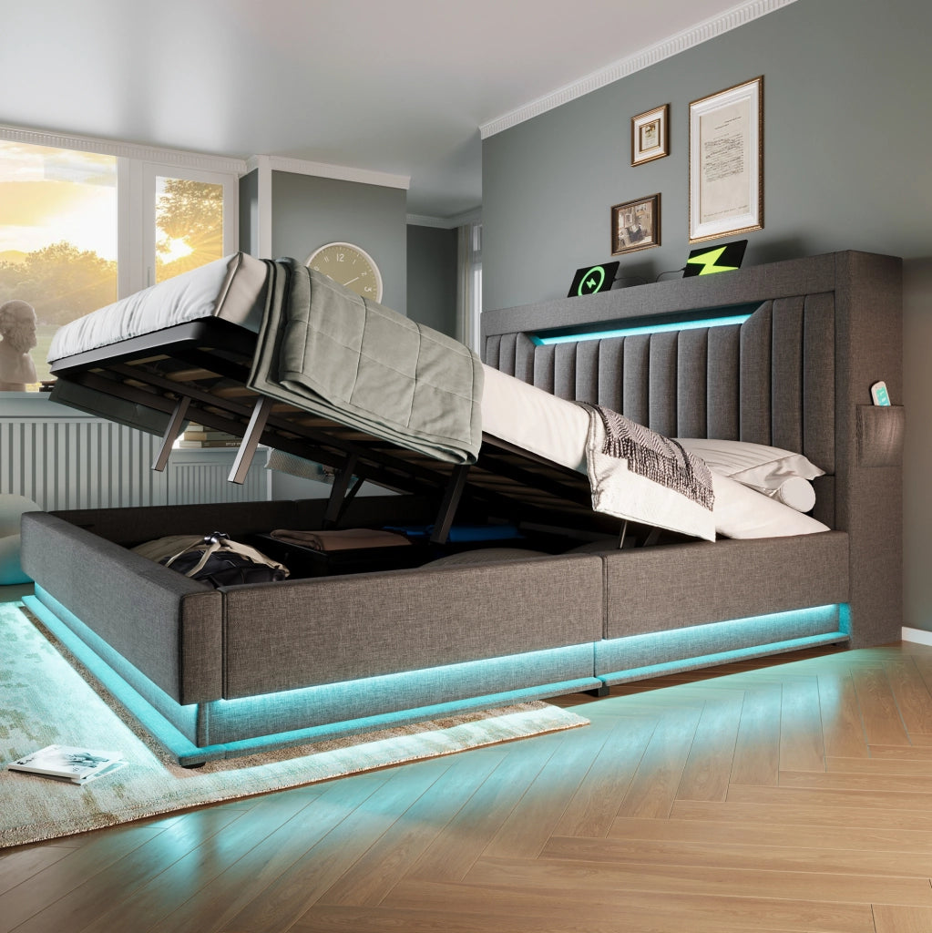 Letto imbottito matrimoniale con LED, testiera contenitore e ricarica USB-Type C