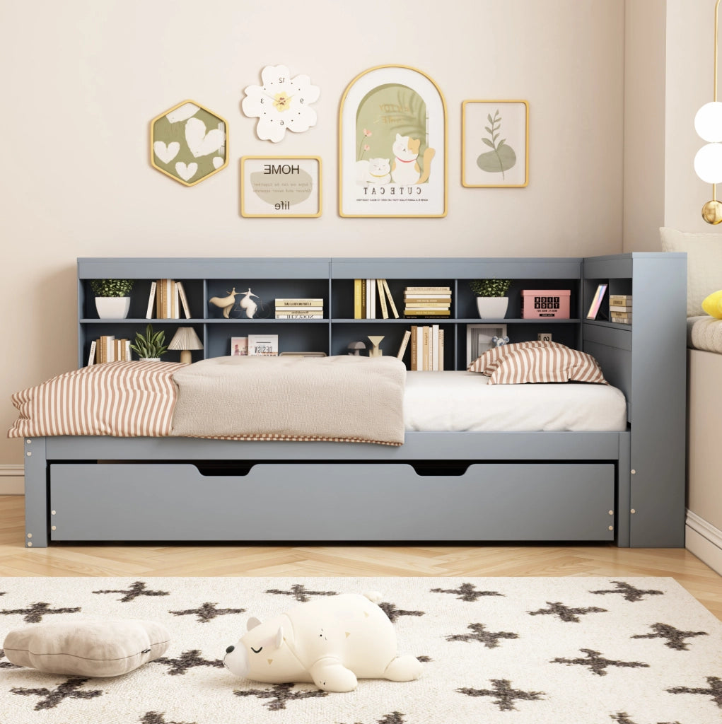 Letto multifunzione 90x200 con letto estraibile, USB e vani contenitore