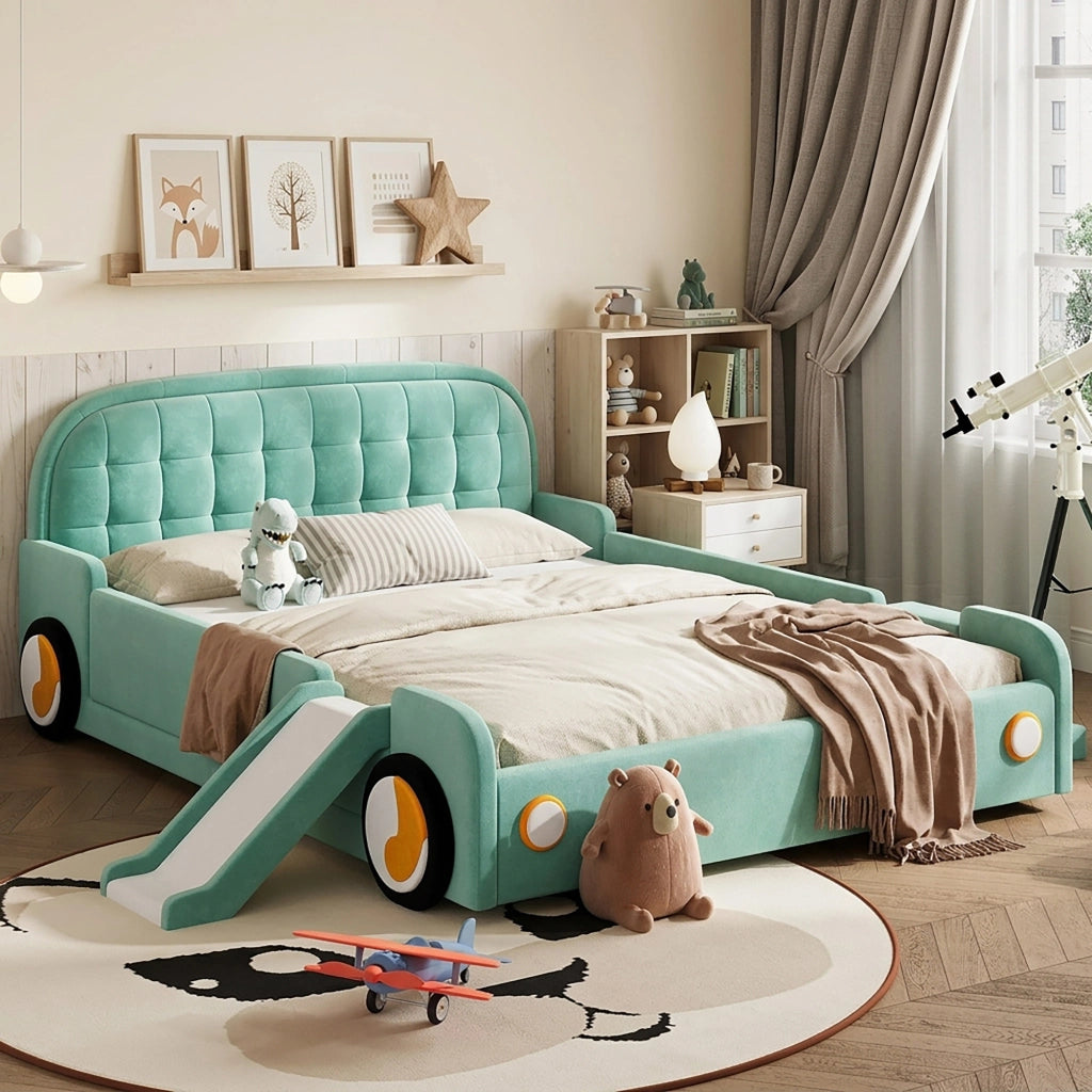 LETTO per bambini a forma di auto con scivolo e scala 140x200 cm velluto blu-verde