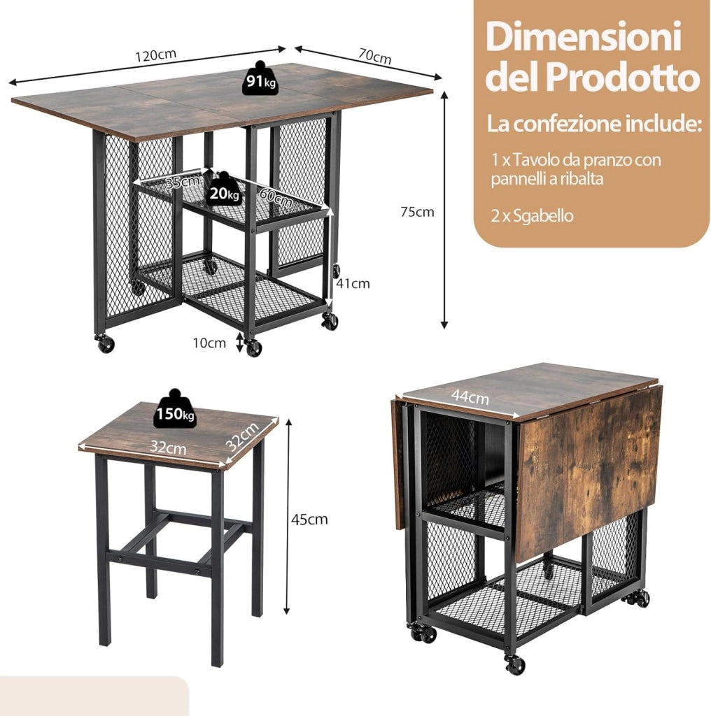 Set Tavolo da Pranzo Pieghevole 3 Pezzi, Tavolo da Pranzo Estendibile con 2 Sgabelli, con Ruote Bloccabili, 2 Ripiani di Archiviazione a Rete, Set da Pranzo per Soggiorno, Sala da pranzo