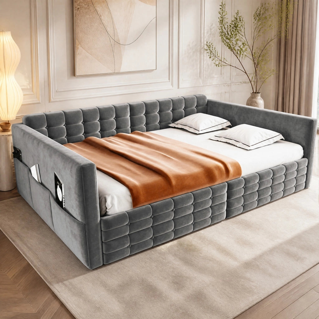 LETTO imbottito 140x190 cm grigio con cassetti e tasche laterali
