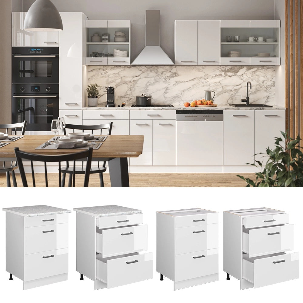 Mobiletto base per cucina R-Line Bianco lucido/Bianco 60 cm con cassetti, PL Antracite Vicco