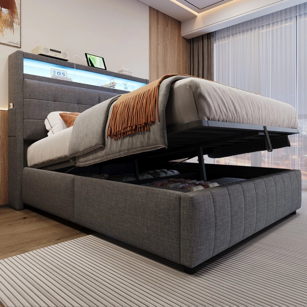 Letto Imbottito Contenitore 140x200 con LED ¨C Xylo ¨C Tessuto Grigio, Idraulico, Rete a Doghe