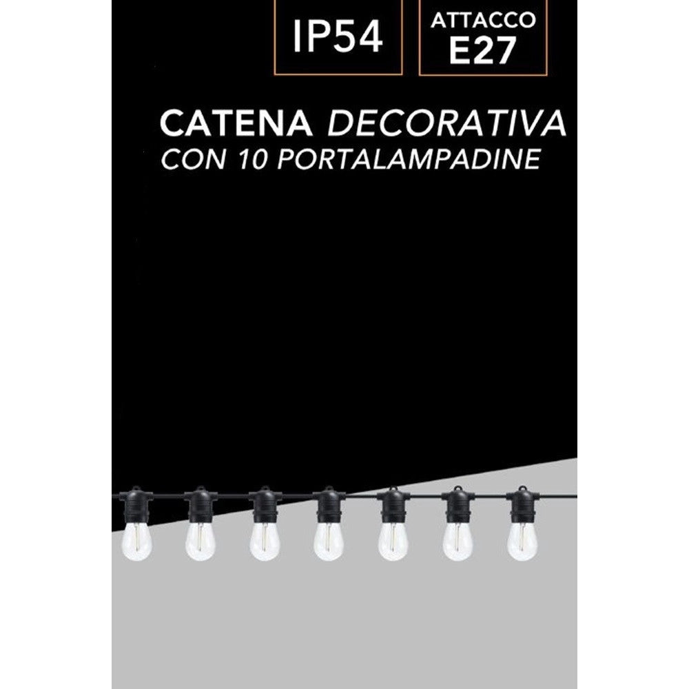 Trade Shop - Catena Luminosa Con 10 Portalampada E27 Luci Decorative Prolungabile Ip54 P01-s01-10 - Nero