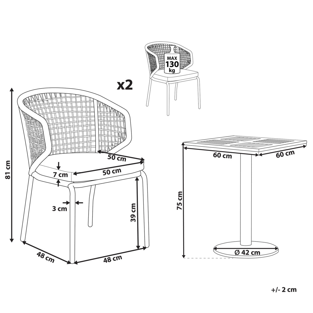 Set da bistrot grigio 2 sedie cuscini da seduta tavolo plastica piano in legno gambe in metallo Nero 3 pezzi set da giardino per esterni