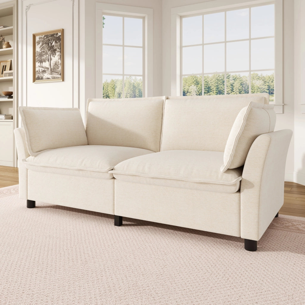 Sofa 2 posti in Chenille Beige, design moderno, 2 cuscini bracciolo, montaggio semplice