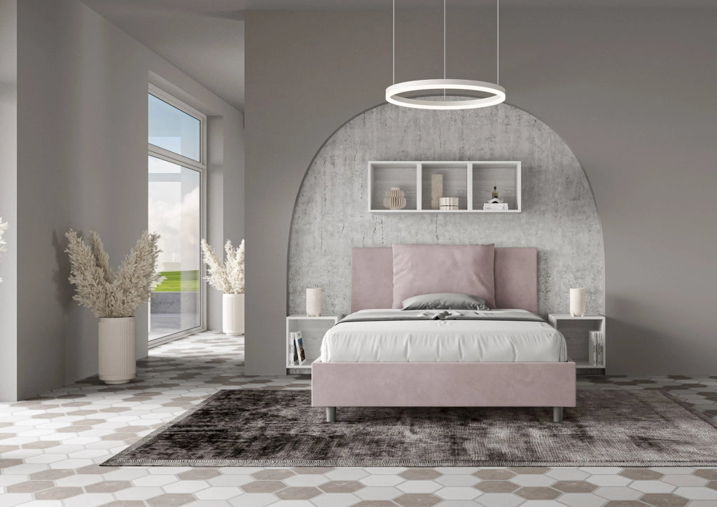 BS COM Letto matrimoniale francese con rete imbottito 140x210 microfibra glicine