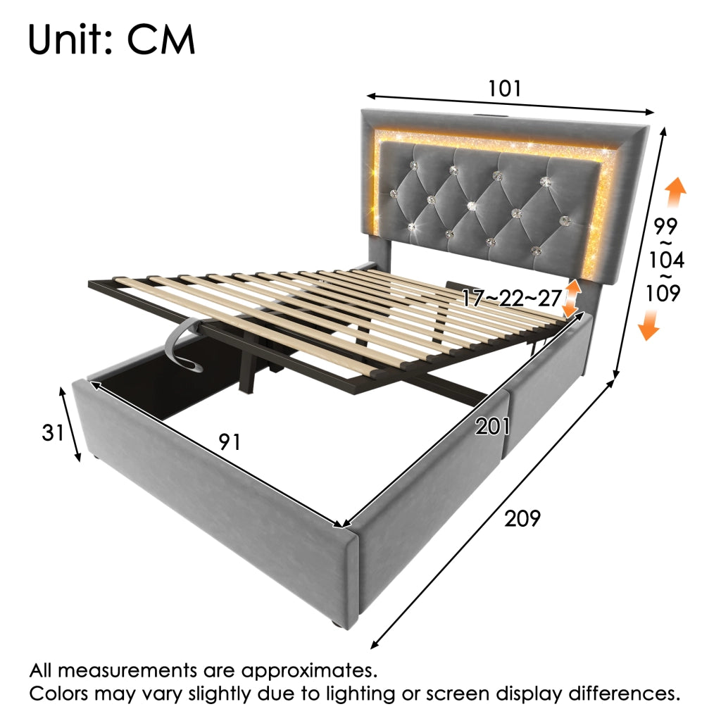 Letto imbottito idraulico con luci LED e porta USB 90x200 cm velluto grigio