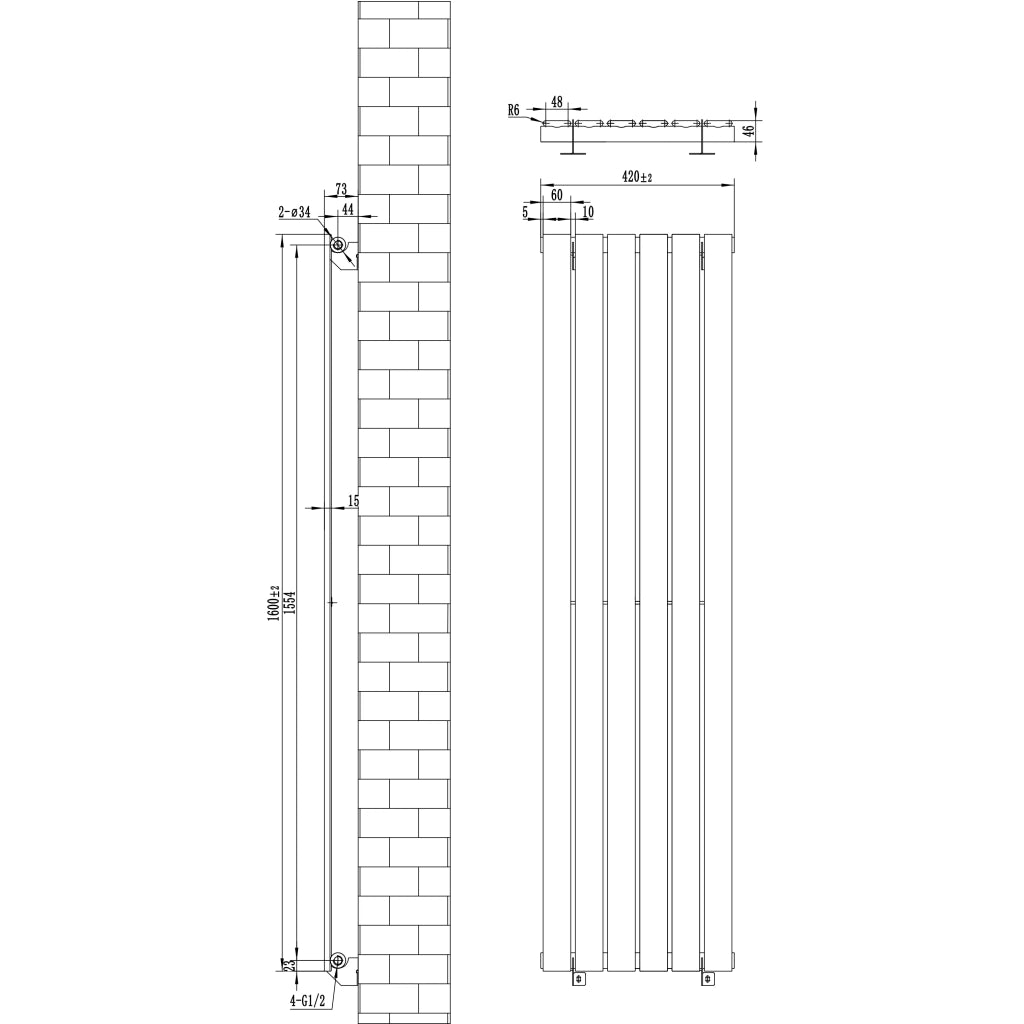 Radiatore Verticale Design Piatto Colonna Singola Nero 1600x420 mm