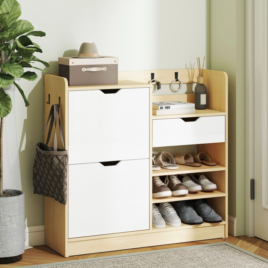 Scarpiera con cassetti e appendiabiti ¨C zephmum ¨C bianco e naturale, 4 ganci per 14 paia di scarpe