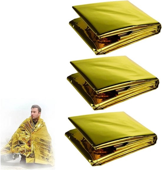 3 set di coperte termiche - Coperta di emergenza riflettente in plastica (210 x 160 cm) - Argento/Oro - Protegge contro freddo, pioggia, calore e vento