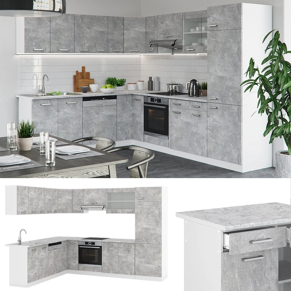 Cucina angolare completa R-Line Calcestruzzo/Bianco 287 x 227 cm, PL Rovere Vicco