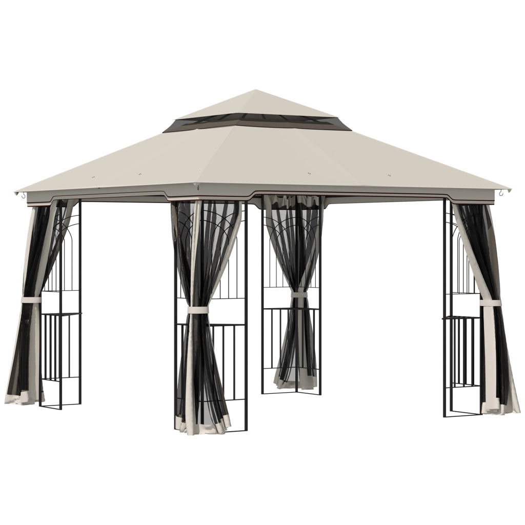Gazebo da giardino con doppio tetto e 4 pareti laterali ¨C zephmum ¨C metallo e poliestere beige 299x299x274 cm