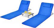 Tappettino da Spiaggia, Set di 2 Tappettini Spiaggia con Tavolino, Materassino Prendisole Pieghevole, Lettino da Spiaggia con Poggiatesta e Schienale Regolabile, Portabile con Tracolla