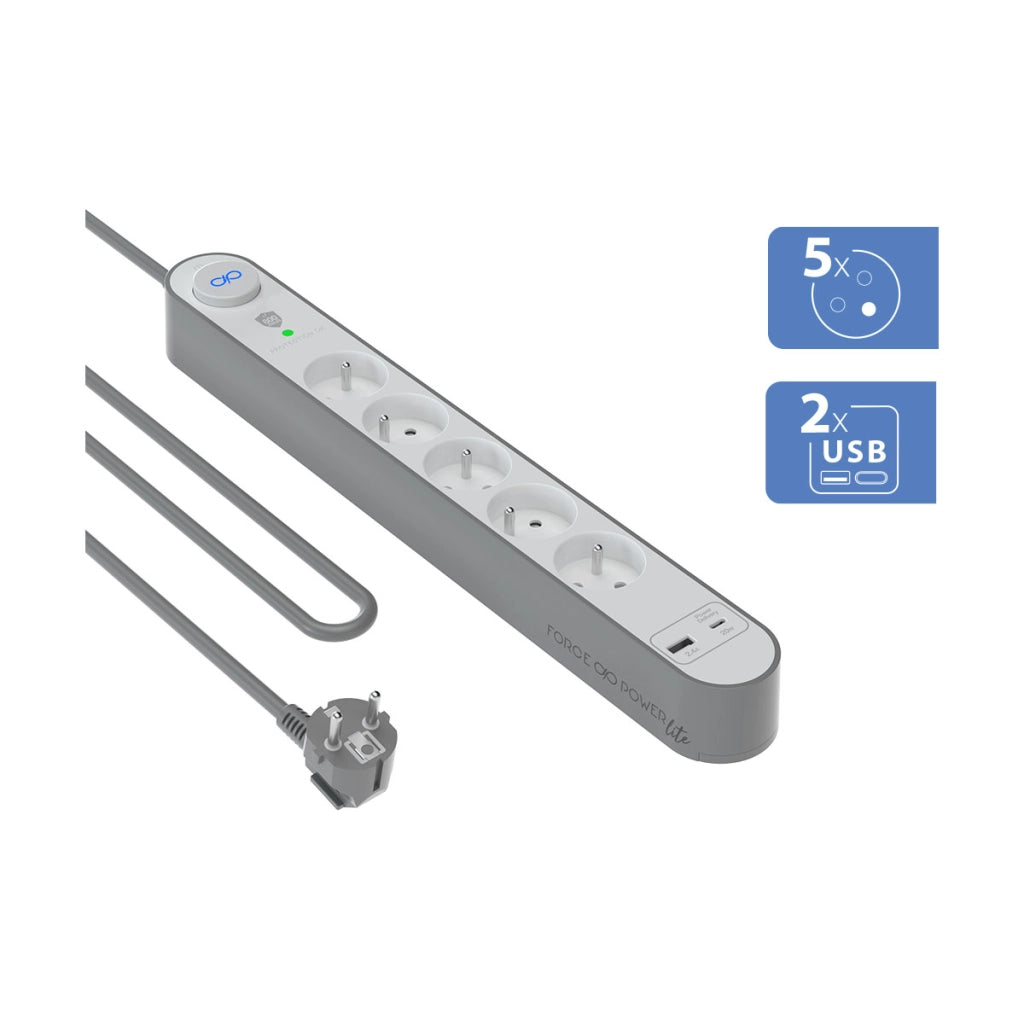 E-Type 800 Joule 5-Plug Lightning Protection Cavo di prolunga con porte USB-A e USB-C 1,5m Argento Force Power