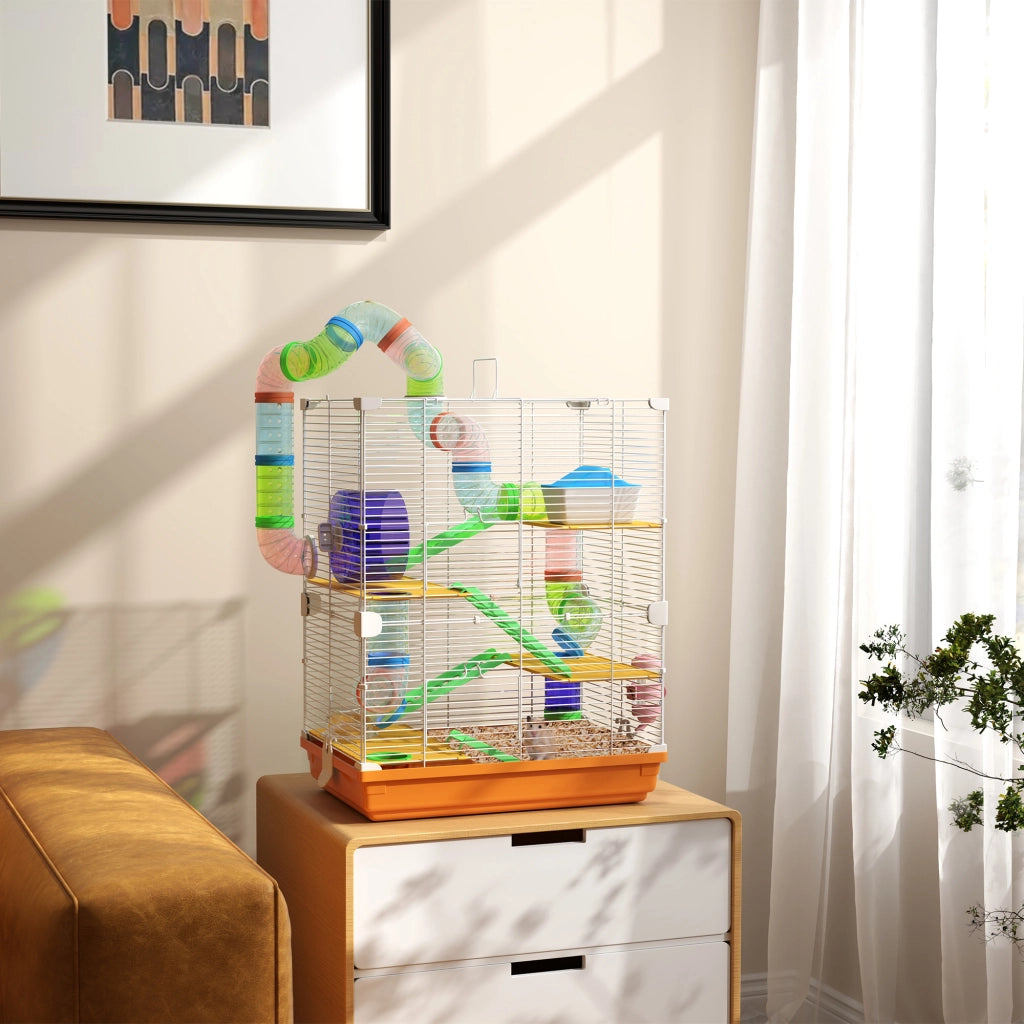 Gabbia per Criceti a 5 Livelli con Tubi, Ruota, Scale, Casetta e Bottiglia ¨C Minimal ¨C 46x30x58 cm, Arancione