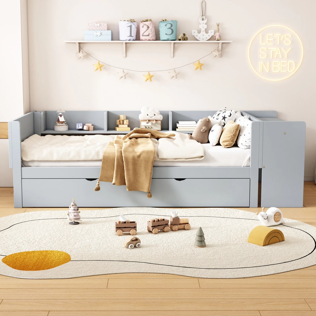 LETTO 90x200 cm con letto estraibile, scrivania e 3 ripiani laterali Grigio