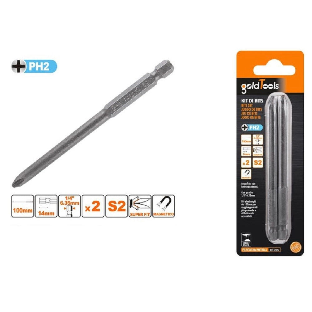 Trade Shop - Kit 2pezzi Di Bits Da 100mm Gambo 1/4" 6.35mm S2 Magnetica Croce Testa Ph2 57247 -