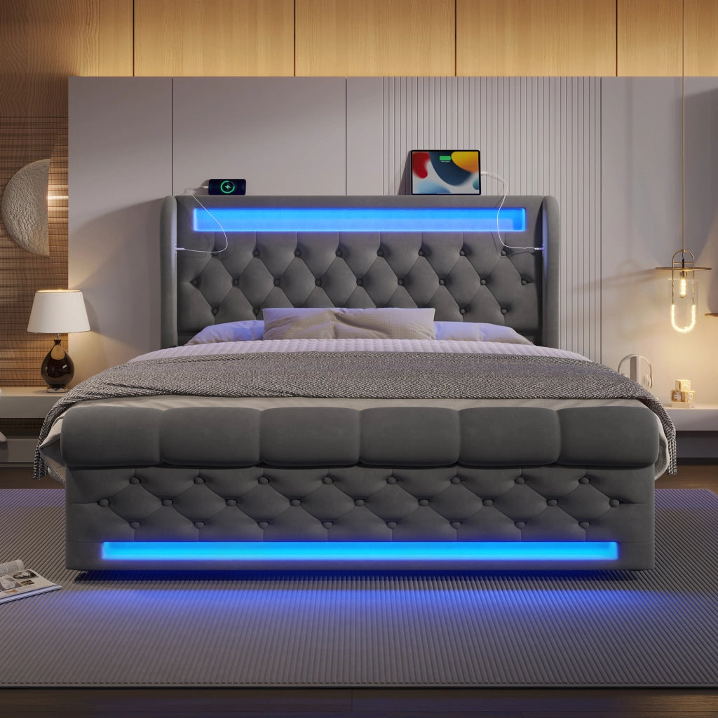 Letto imbottito con LED e porta USB Type-C, contenitore idraulico, 140x190 cm, grigio