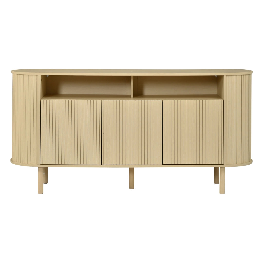 Credenza a tre ante, mobile da ingresso, ripiani a vista, gambe in legno massello, 160 x 40 x 78.5 cm, color legno naturale