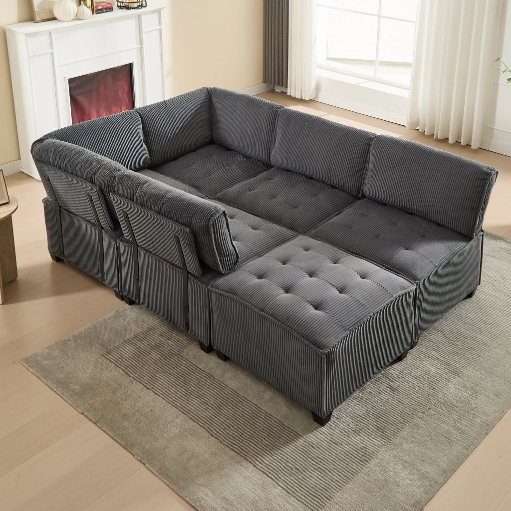 OKWISH Divano Modulare 6 Posti, Configurabile a U o L e Funzione Letto, Tasche Laterali, Velluto a Coste, Grigio