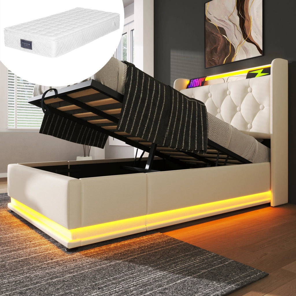 Letto singolo imbottito con LED a 360°; contenitore idraulico; testiera con porta USB/Tipo-C; PU bianco; 90x200 cm; materasso incluso