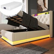 Letto singolo imbottito con LED a 360°; contenitore idraulico; testiera con porta USB/Tipo-C; PU bianco; 90x200 cm; materasso incluso