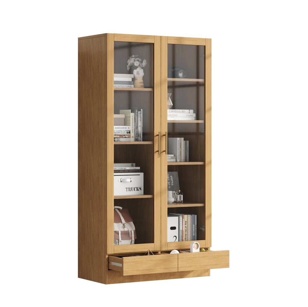 Vetrina 80x40x160 cm con ripiani sfalsati e cassetto push-to-open; naturale
