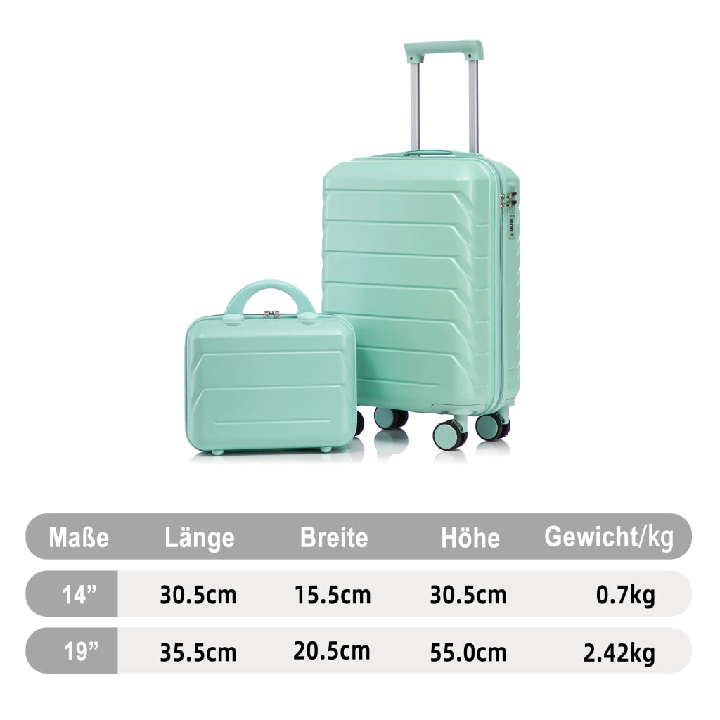 Set di valigie rigido in abs con 4 ruote girevoli, manico telescopico a 3 livelli e borsa 14 pollici, verde menta