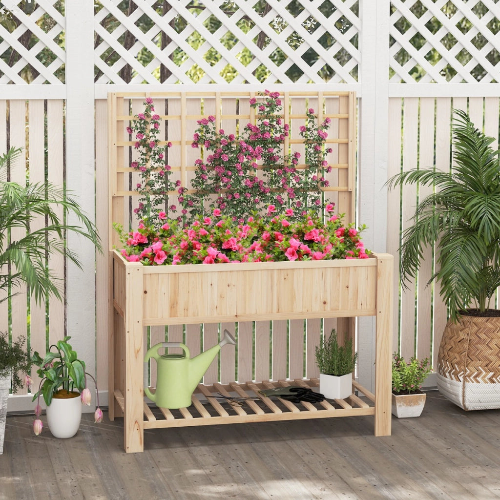 Letto da giardino rialzato con traliccio, Fioriera alta in legno con mensola di stoccaggio e fori di drenaggio Naturale-Fioriere