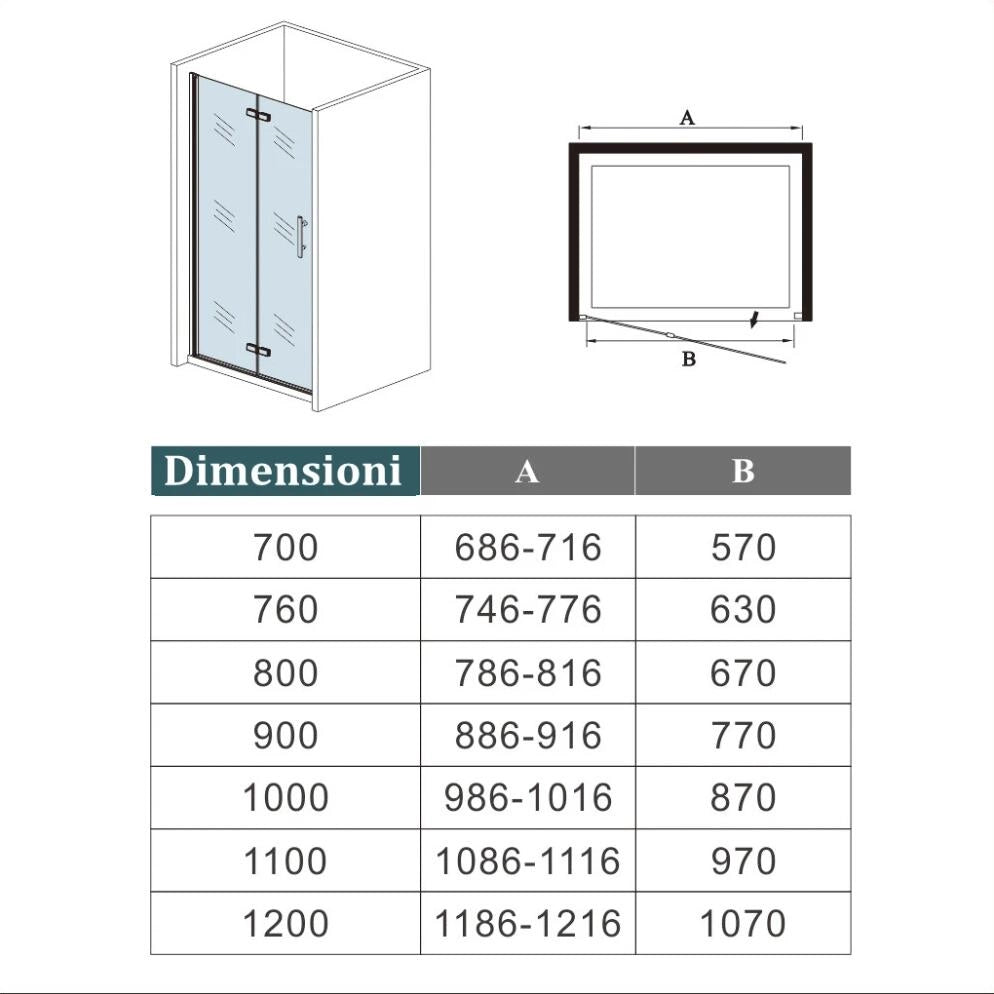 100x190 cm Porta Doccia per Nicchia Apertura Battente Pieghevole in Vetro Temperato Trasparente 5 mm Anticalcare Telaio Nero Opaco