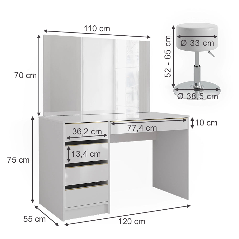 Vicco Set tavolino da toilette Bianco/Oro 55 cm con sgabello