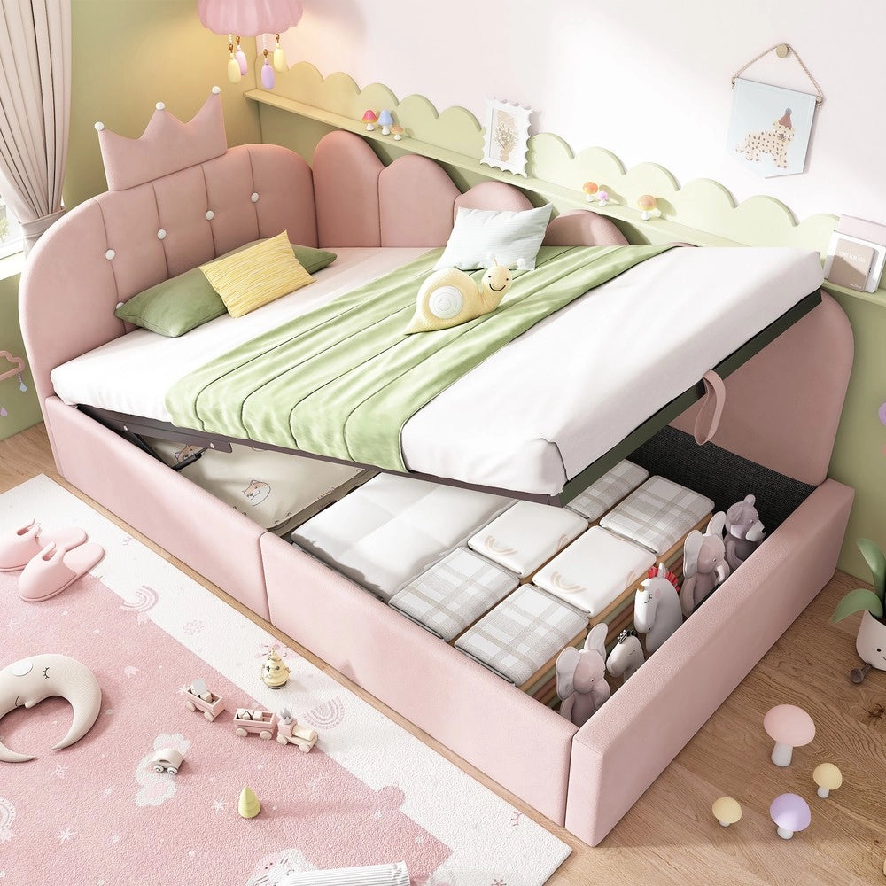 Letto imbottito a giorno - Zephmum-90x200 cm-Rosa-Design griglia corona con stoccaggio idraulico