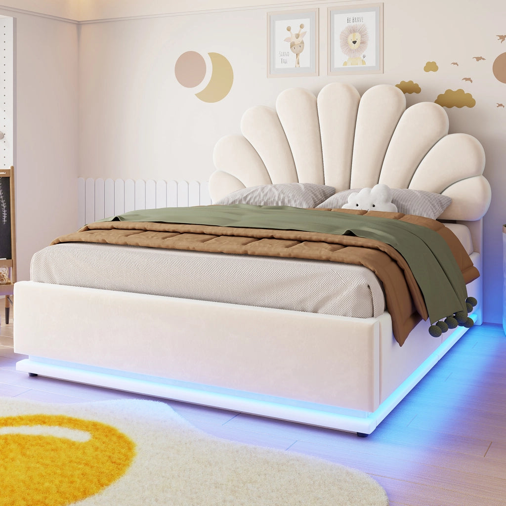 DESMIU Letto contenitore 140 × 200 cm 2 posti con vano idraulico e LED, senza materasso, in velluto, beige