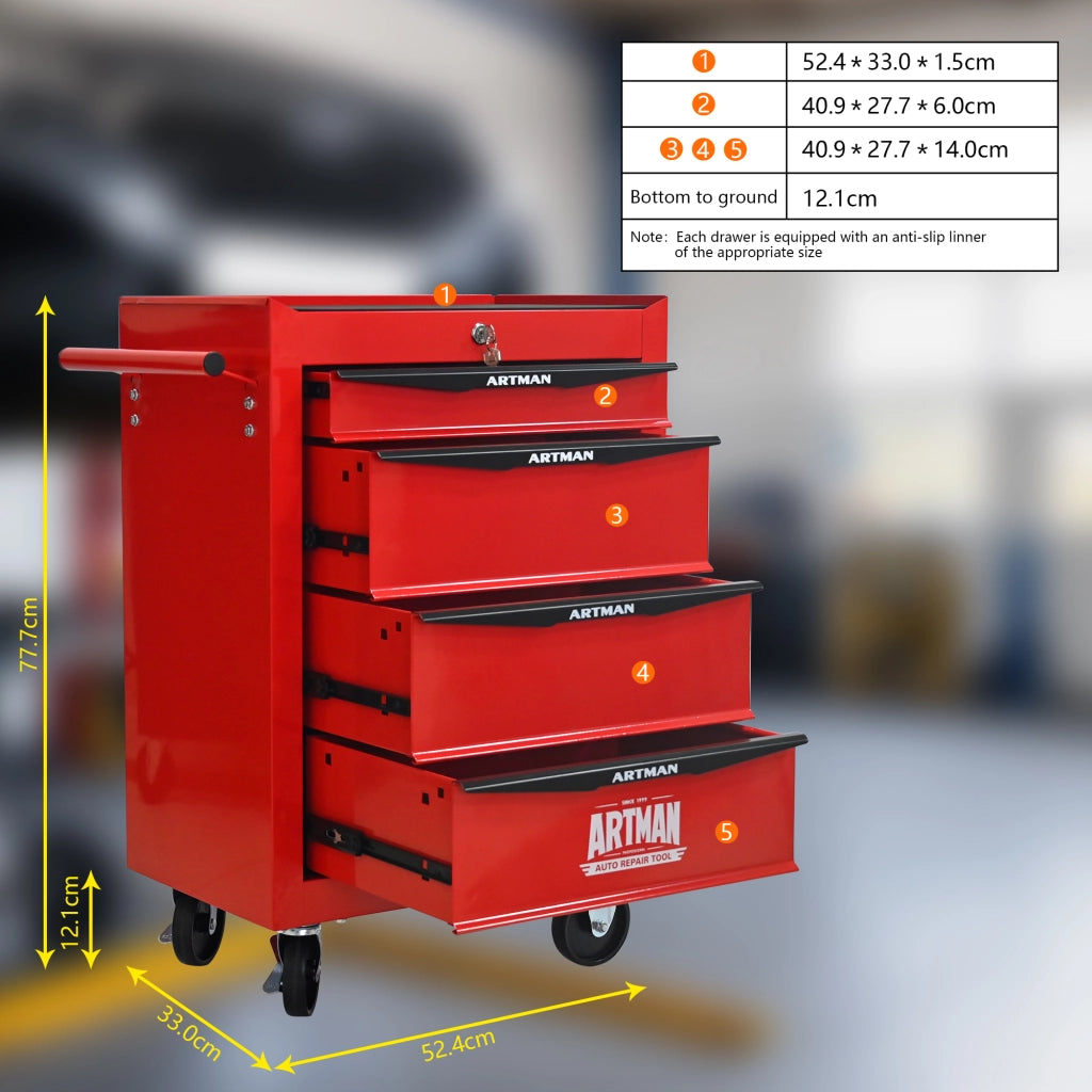Mobile contenitore con 4 cassetti e ruote - per garage - in acciaio - rosso nero