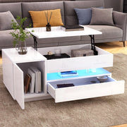 Tavolino da salotto alzabile con LED; cassetto e vano contenitore 90x50x34;5 cm in truciolare bianco