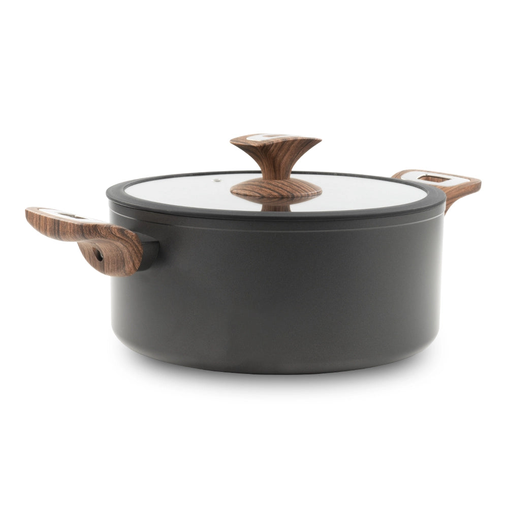 Casseruola 2 maniglie con coperchio Elegance Wood 24 cmdoppio fondo acciaio inox, manico Soft touch