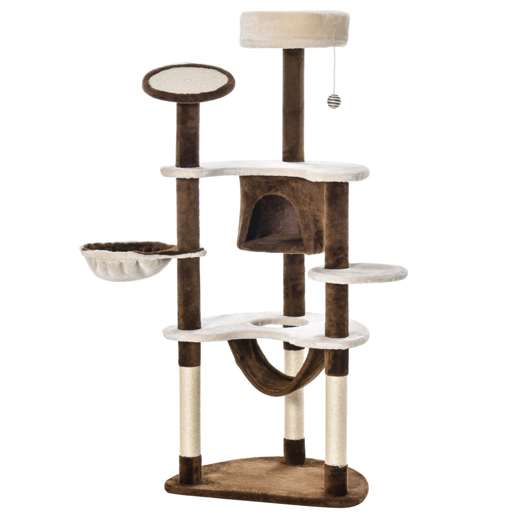Torre per Gatti Grande con Piattaforme, Amaca e Cuscini ¨C Minimal ¨C Marrone 65x50x153 cm