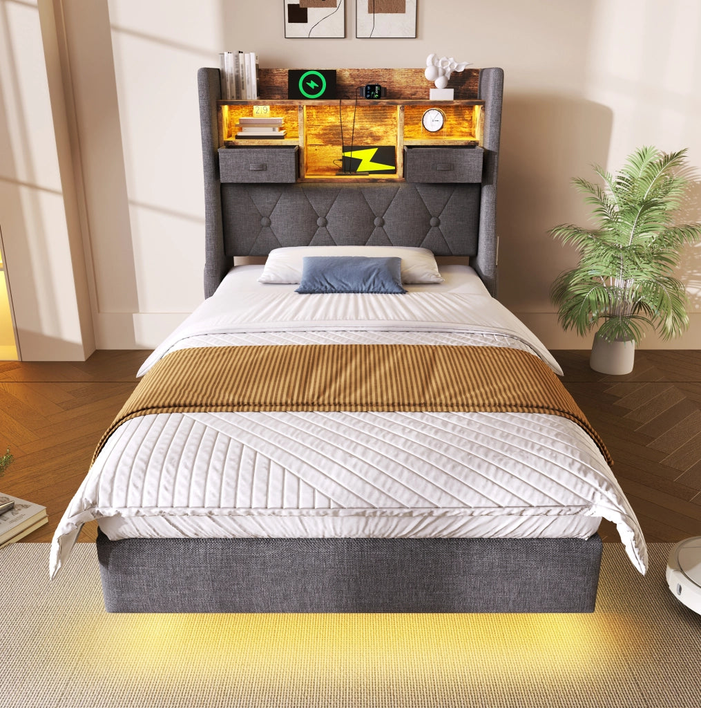 Letto singolo 90x200 cm con LED, testiera contenitiva e porte USB/Type-C