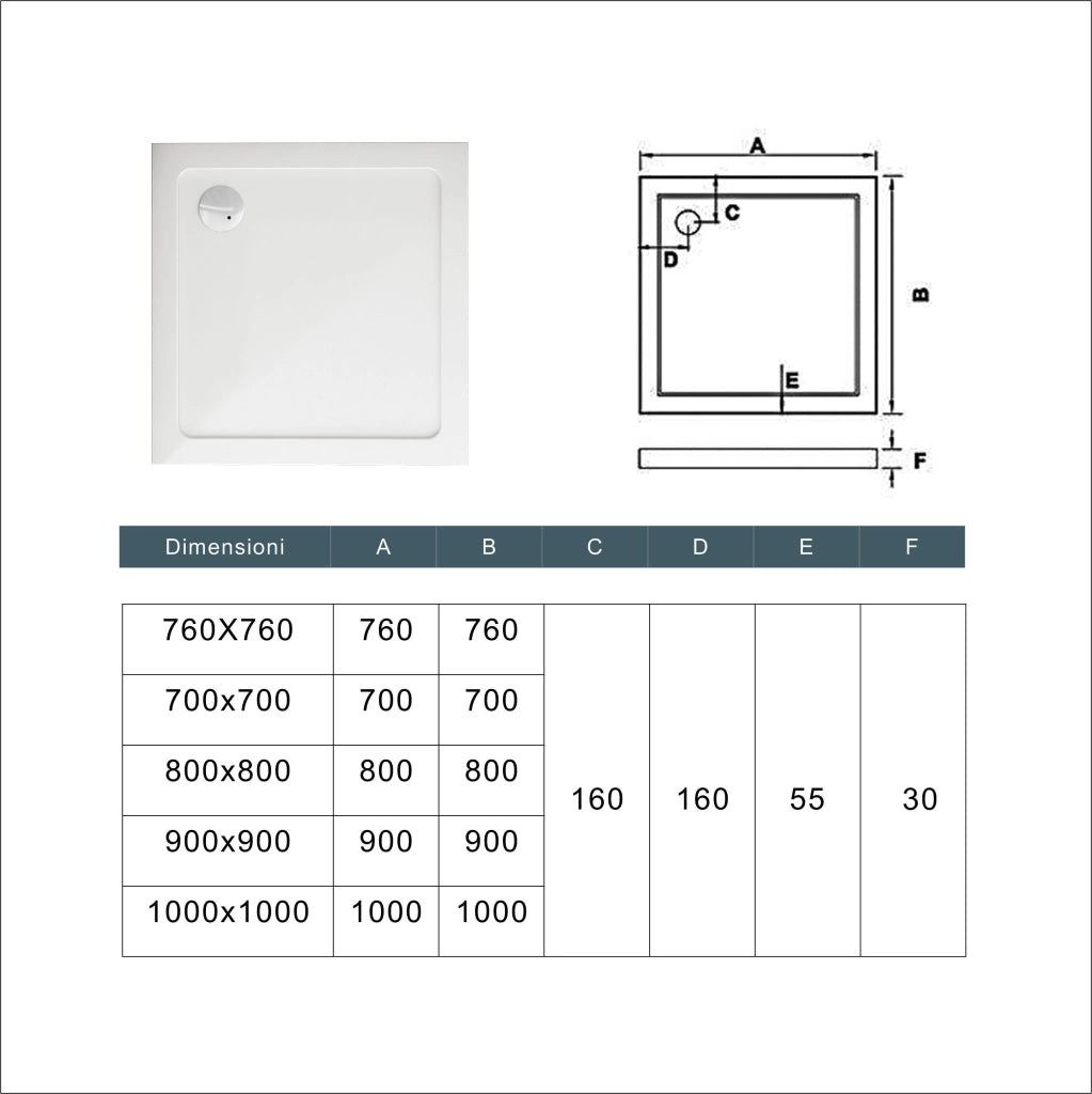Piatto Doccia 76x76cm Bianco Spessore di 3 cm in Pietra Artificiale e Resina Minerale Mista Piletta Extra Piatta Sottile e Tubo inclusi