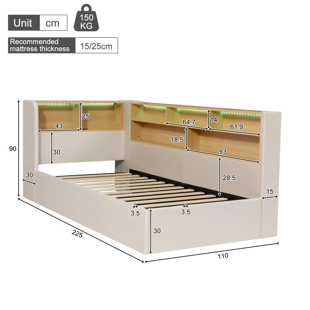 Letto Singolo 90x200 cm Contenitore; LED; USB e Type-C; Velluto Beige