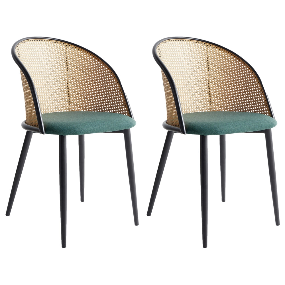 Set di 2 sedie da pranzo d'accento con struttura in metallo nero e tessuto verde Seduta a treccia viennese Schienale con seduta retrò