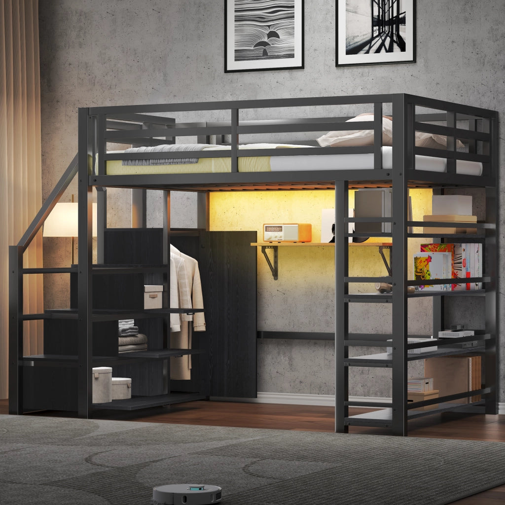 Letto a soppalco 140 × 200 cm 2 posti con armadio, mensole e illuminazione LED regolabile, senza materasso, nero