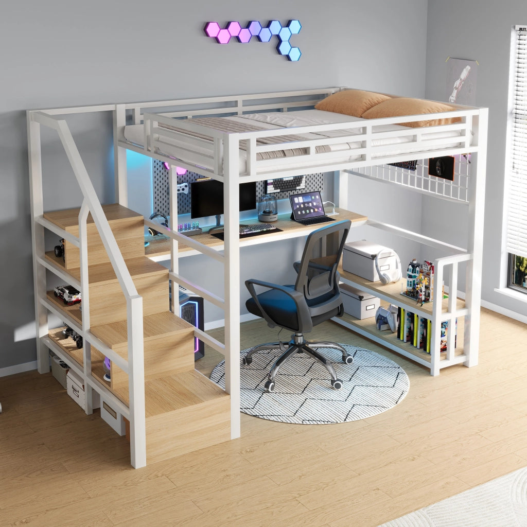 Letto a Soppalco con Scrivania e LED ¨C MINIMAL ¨C Bianco, 140x200, Metallo