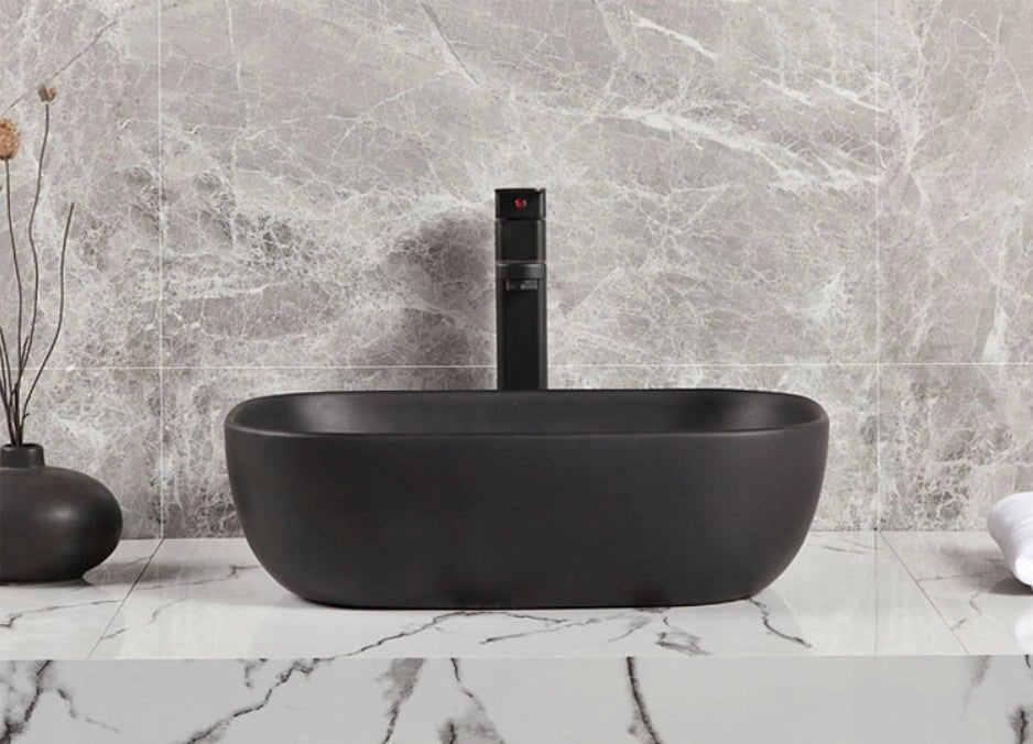 LAVABO DA APPOGGIO IN CERAMICA NERA OPACA 46x32 CM DA POSIZIONARE SU PIANO DI LAVORO GRANDE