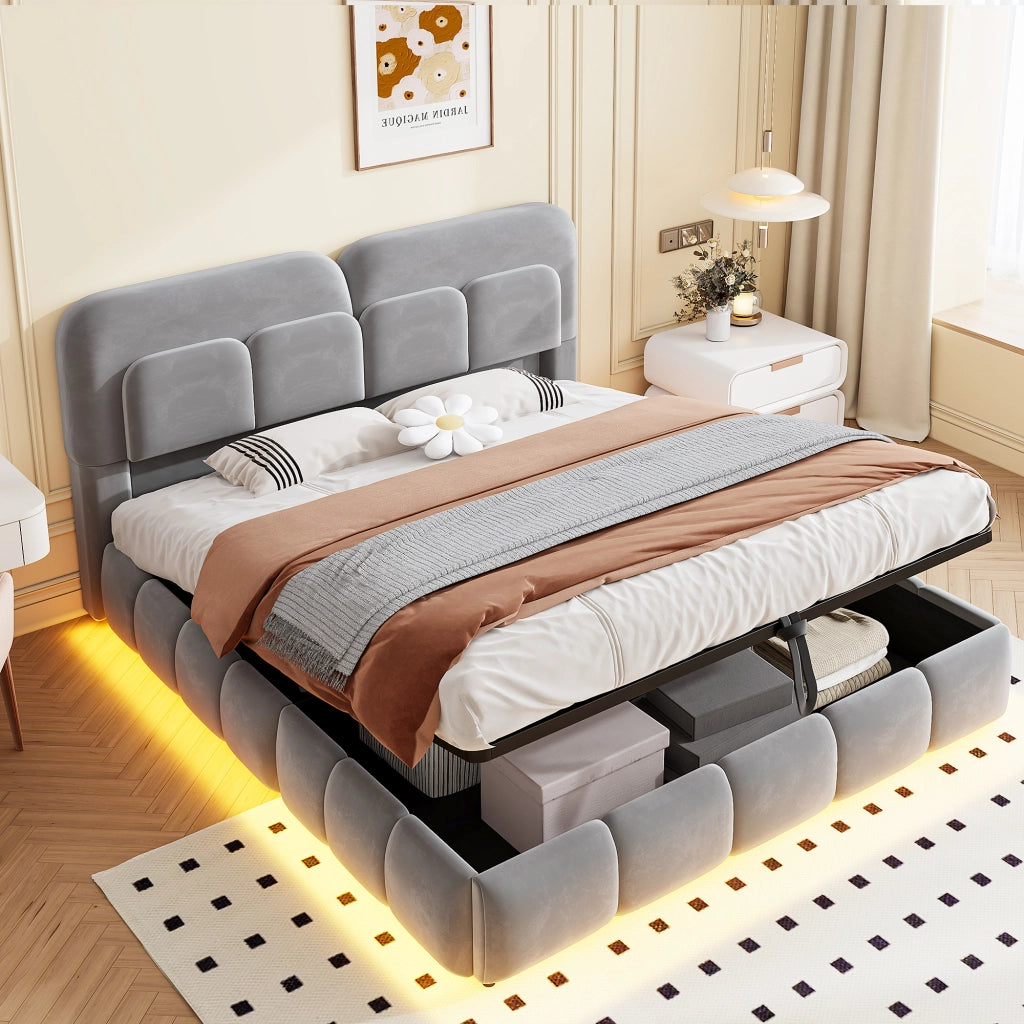 LETTO imbottito 140x200 cm in velluto grigio con contenitore idraulico e LED