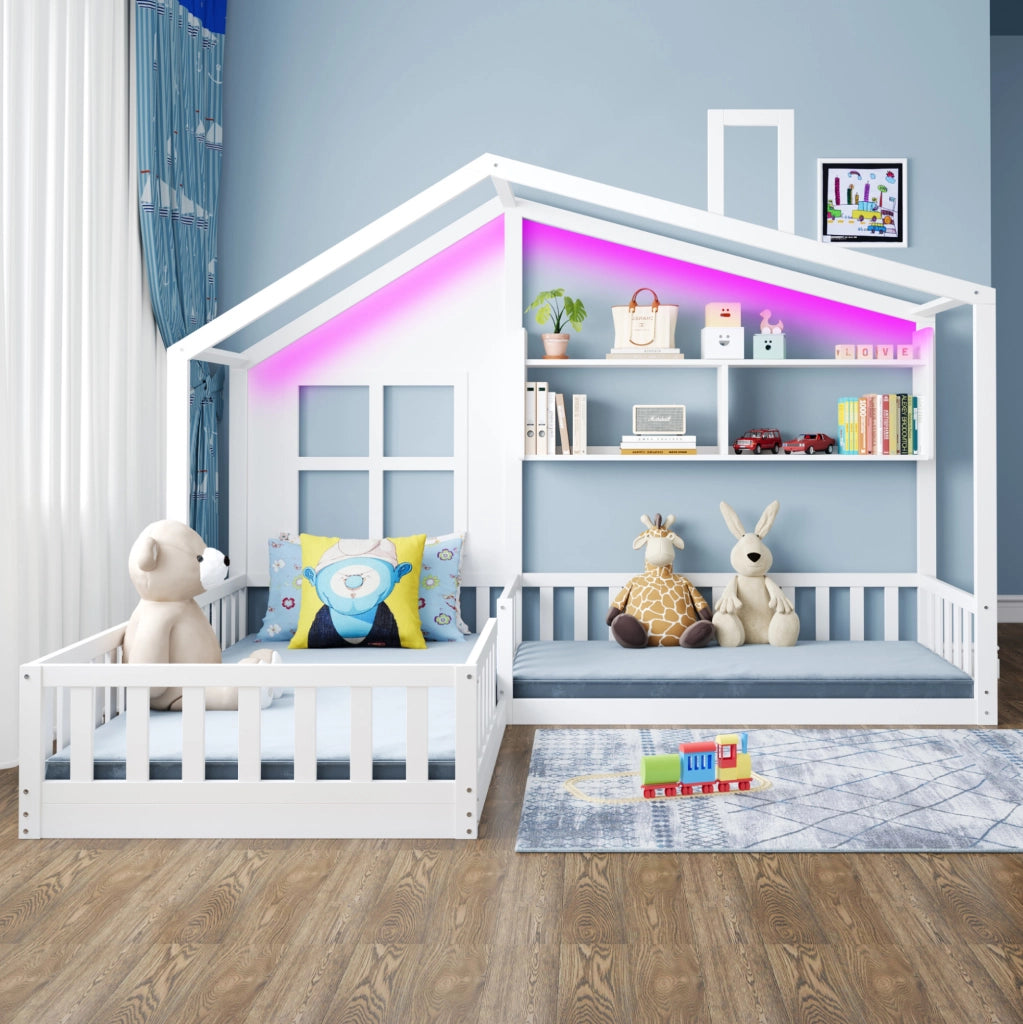 Letto per bambini a casetta con LED; mensole e sponde di sicurezza; 90x200 cm; bianco