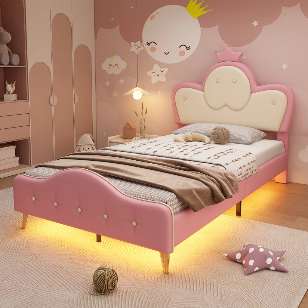 Letto per bambini con LED monocromatici; testiera a corona e bordi morbidi; PU rosa e bianco; 90x200 cm; senza materasso