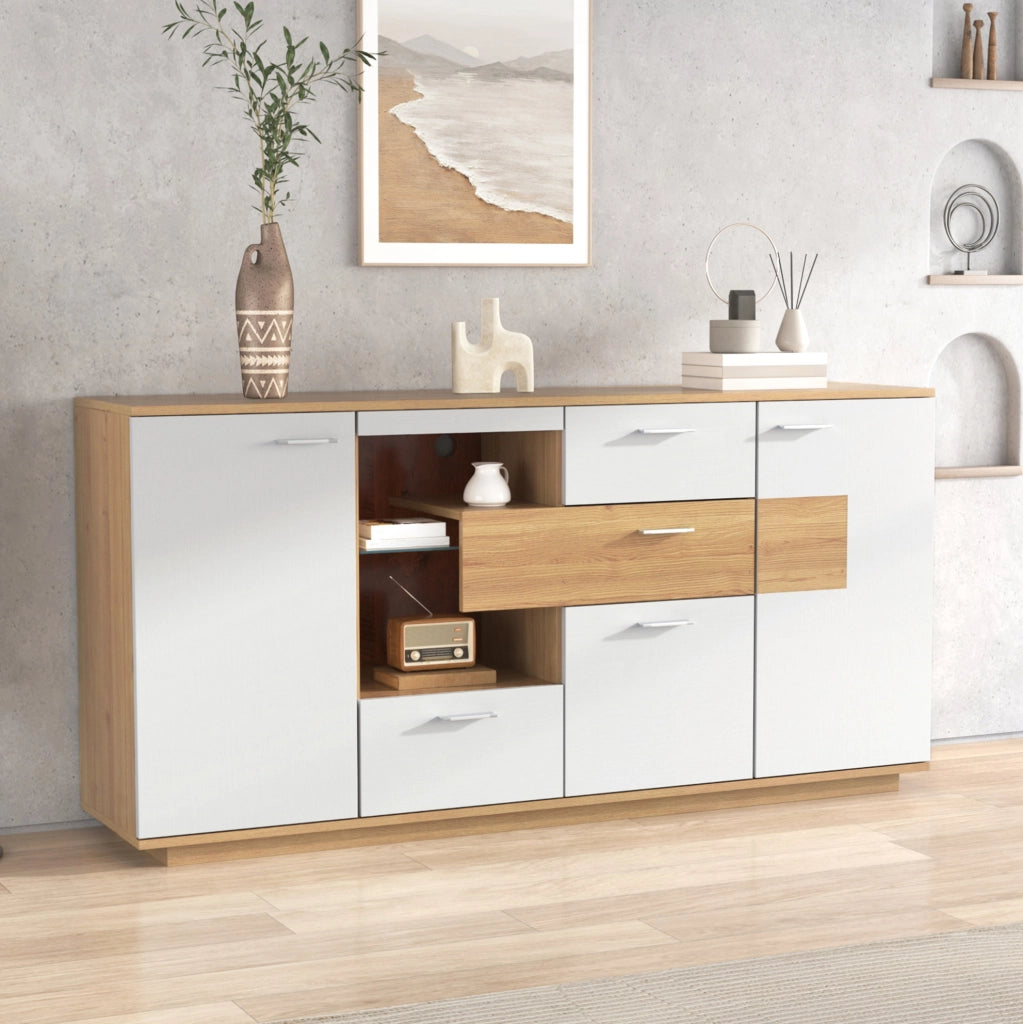 Sideboard moderno 160x40x77 cm con LED; 2 ante; 4 cassetti; MDF; legno e bianco