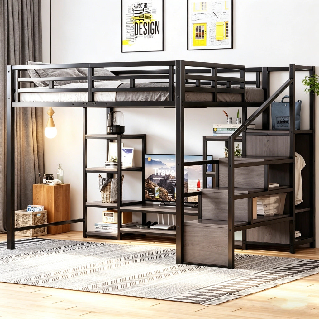 Letto a soppalco matrimoniale 140×200 cm con supporto TV; presa elettrica e scala; senza materasso; metallo; nero